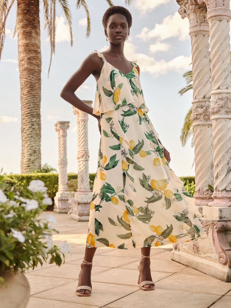 Love & Roses Buttermilk Lemon Printed Ruffle Midi Dress - Image 1 of 4