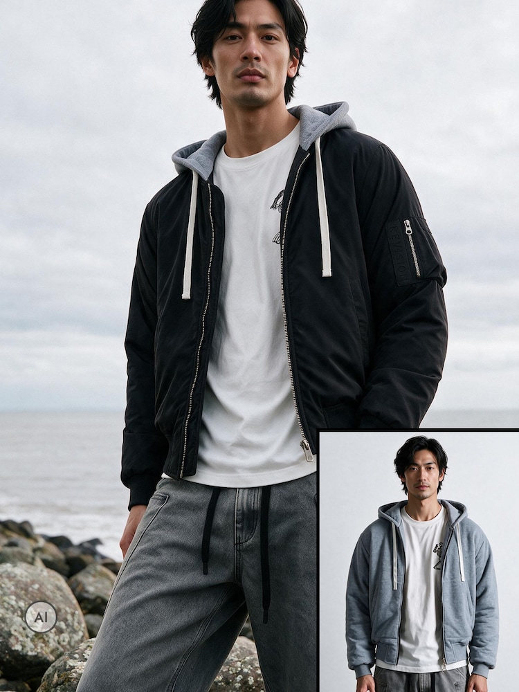 Religion Black Reversible Hooded Bomber Jacket - Image 1 of 7 Religion Black Reversible Hooded Bomber Jacket - Image 1 of 7
