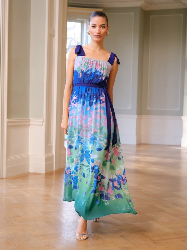 Love & Roses Blue Floral Ombre Tie Shoulder Belted Midaxi Dress - Image 1 of 4