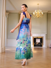 Love & Roses Blue Floral Ombre Tie Shoulder Belted Midaxi Dress - Image 2 of 4