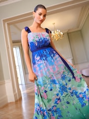 Love & Roses Blue Floral Ombre Tie Shoulder Belted Midaxi Dress - Image 3 of 4