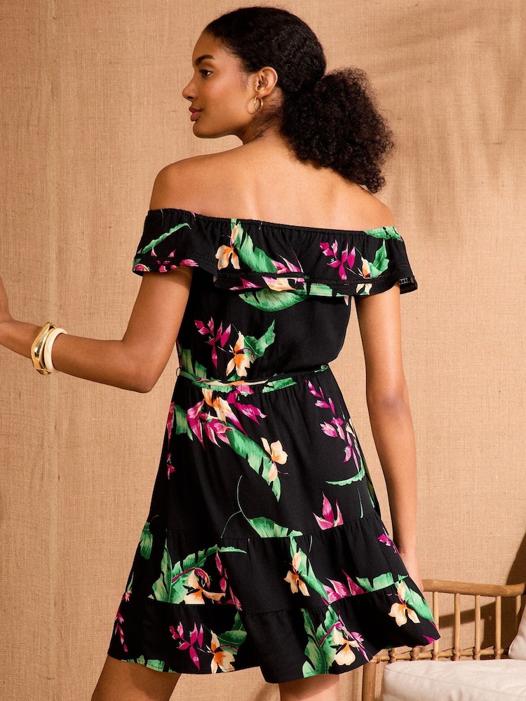 Love & Roses Black Tropical Bardot Ruffle Mini Dress - Image 4 of 4 Love & Roses Black Tropical Bardot Ruffle Mini Dress - Image 4 of 4