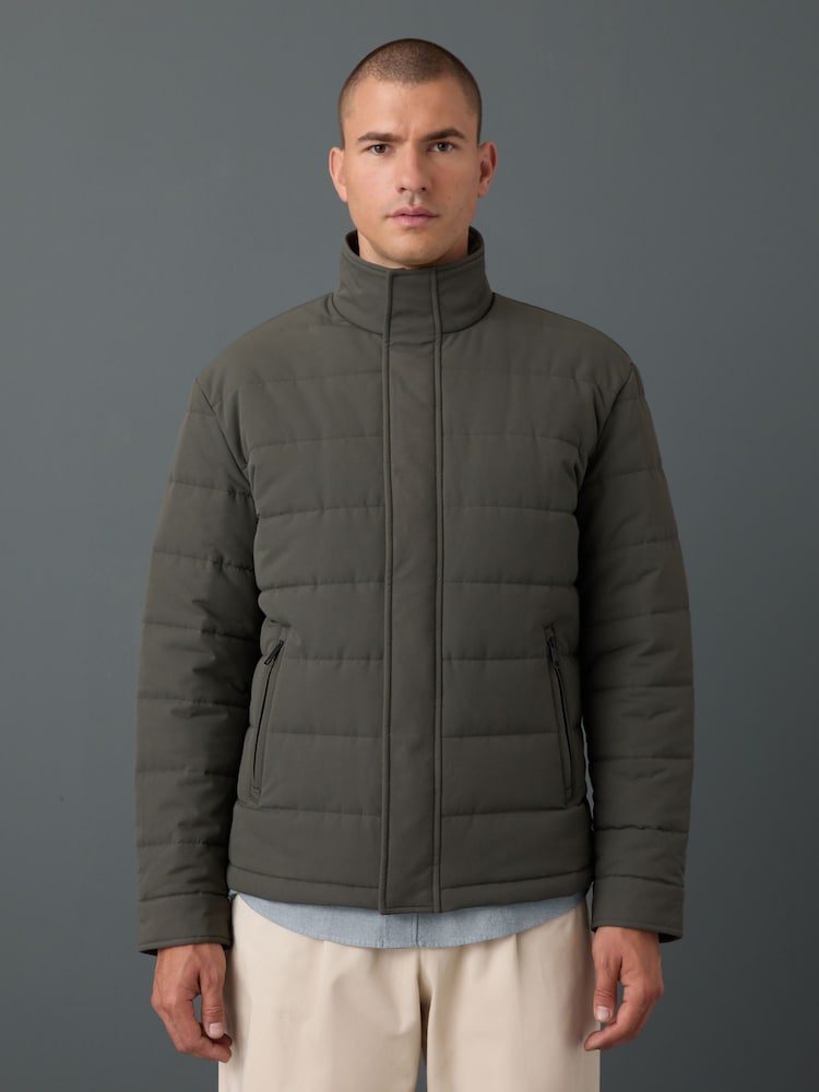 Green Quilted Shower Resistant Funnel Neck Jacket - Image 1 of 6 Green Quilted Shower Resistant Funnel Neck Jacket - Image 1 of 6