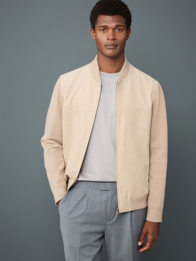 Neutral Faux Suede Bomber Jacket - Image 1 of 8 Neutral Faux Suede Bomber Jacket - Image 1 of 8