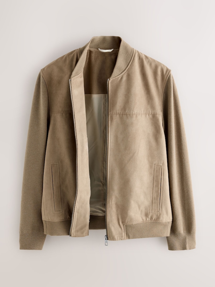 Neutral Faux Suede Bomber Jacket - Image 8 of 8 Neutral Faux Suede Bomber Jacket - Image 8 of 8