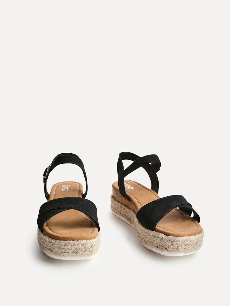 Linzi Black Sarelli Wide Fit Flatform Sandals With Plaited & Cork Wedge - Image 3 of 5