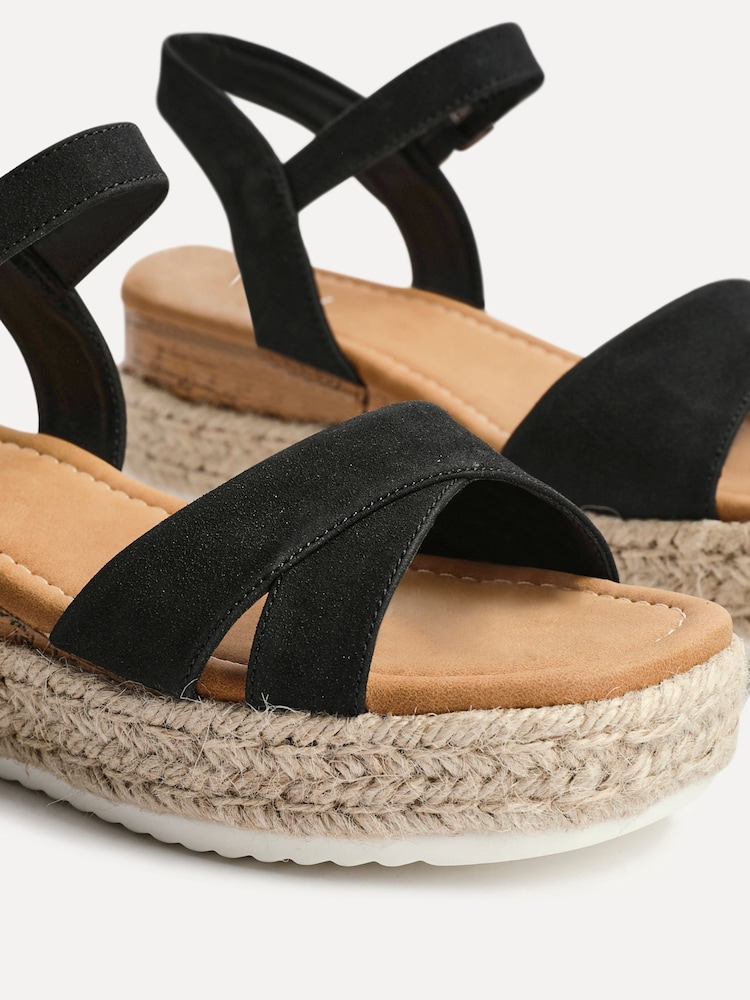 Linzi Black Sarelli Wide Fit Flatform Sandals With Plaited & Cork Wedge - Image 4 of 5