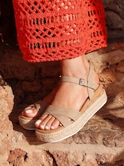 Linzi Brown Sarelli Wide Fit Flatform Sandals With Plaited & Cork Wedge - Image 1 of 5
