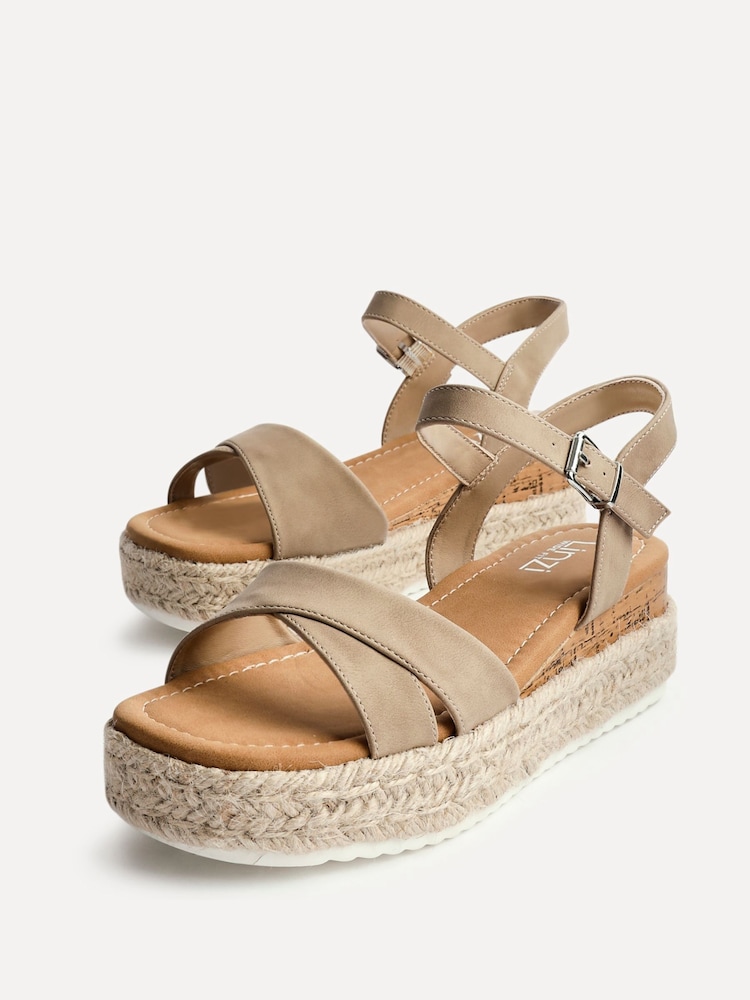 Linzi Brown Sarelli Wide Fit Flatform Sandals With Plaited & Cork Wedge - Image 4 of 5