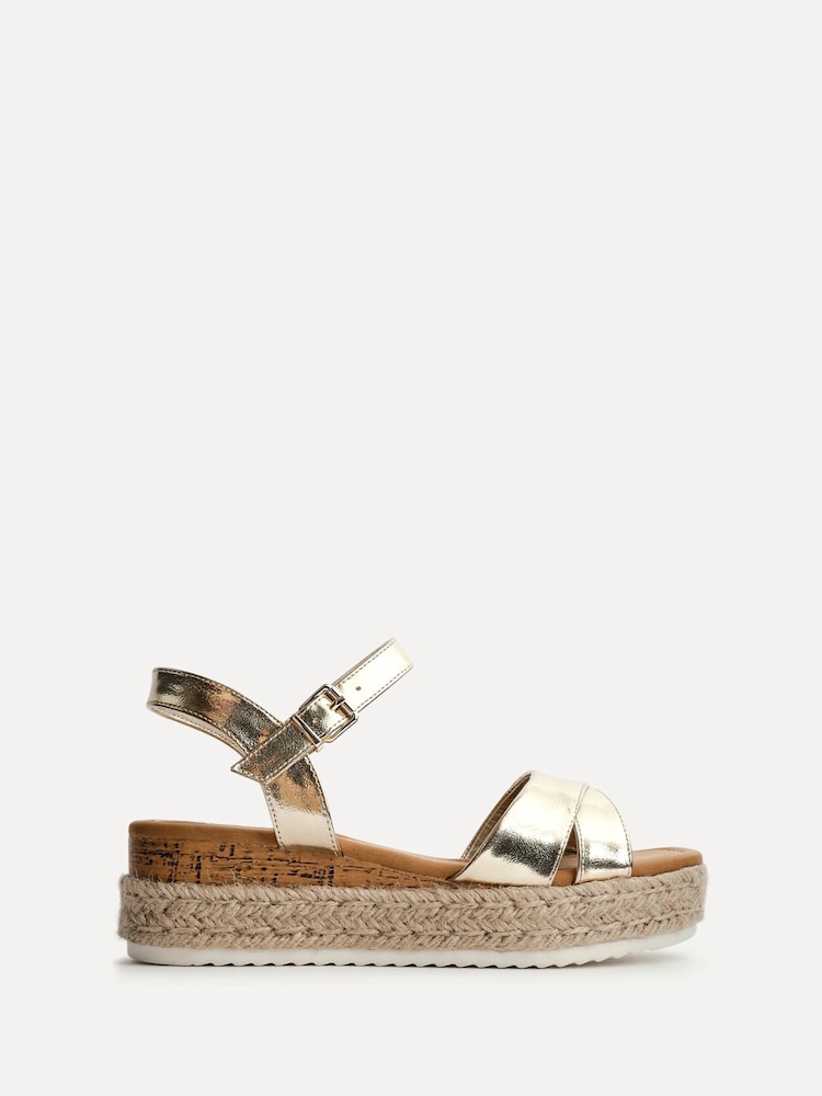 Linzi Gold Sarelli Wide Fit Flatform Sandals With Plaited & Cork Wedge - Image 2 of 5