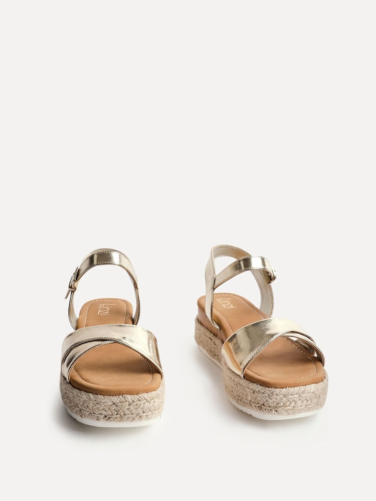 Linzi Gold Sarelli Wide Fit Flatform Sandals With Plaited & Cork Wedge - Image 3 of 5