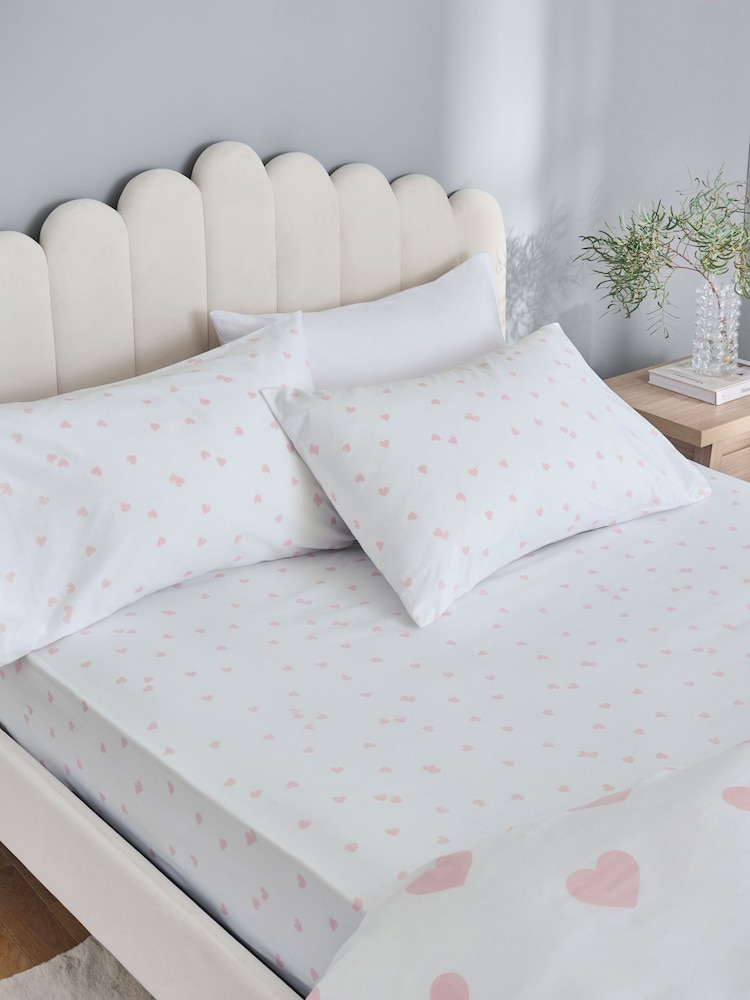 White/Pink Heart Fitted Sheet and Pillowcase Set - Image 1 of 2