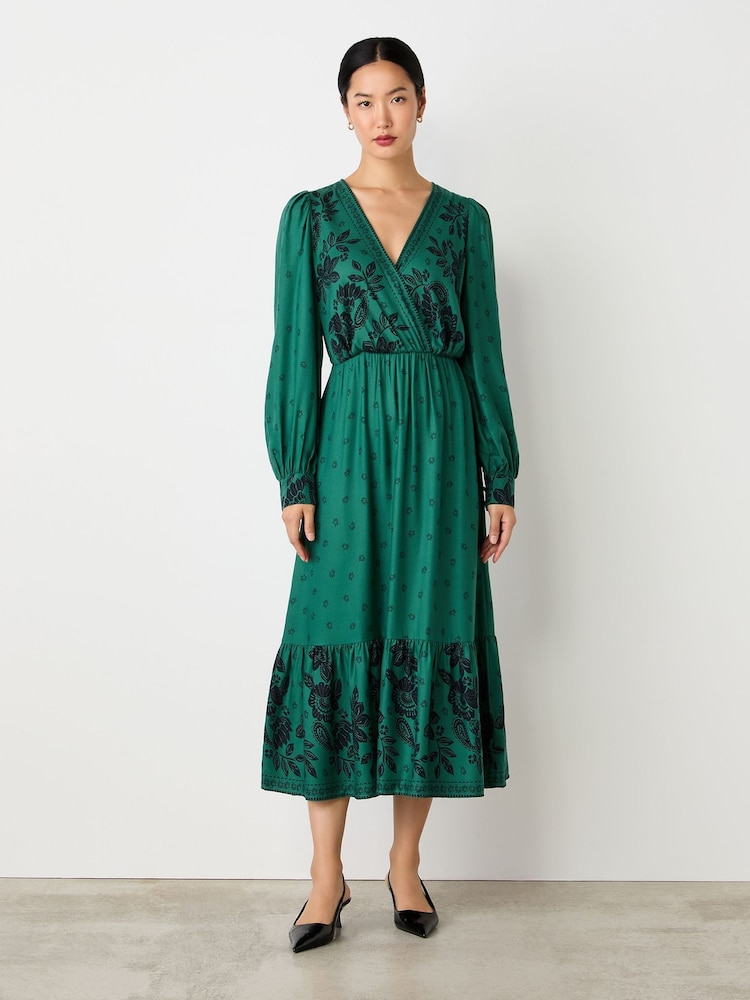 Finery Green Leyane V-neck Long Sleeve Midi Dress - Image 1 of 4 Finery Green Leyane V-neck Long Sleeve Midi Dress - Image 1 of 4