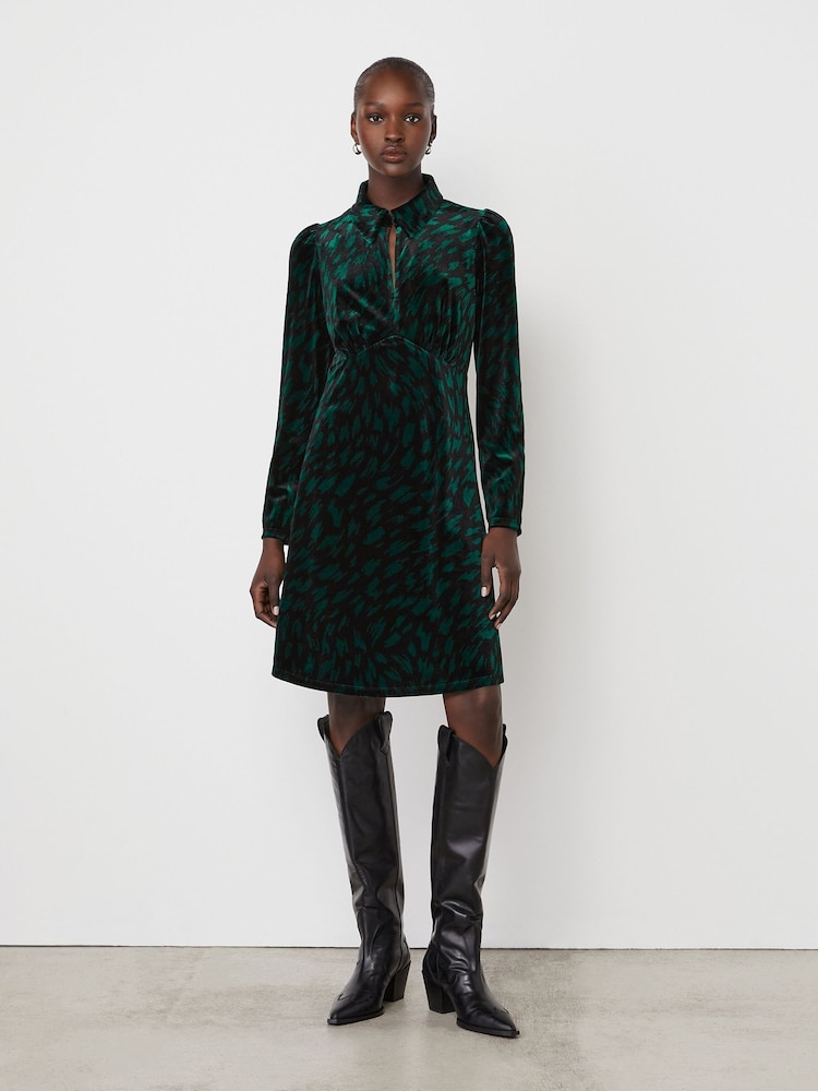Finery Green Capri Velvet Long Sleeve Shirt Dress - Image 1 of 4 Finery Green Capri Velvet Long Sleeve Shirt Dress - Image 1 of 4