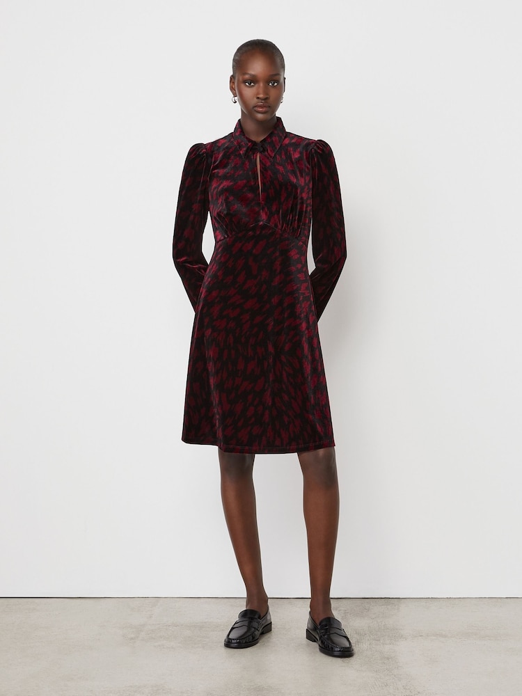 Finery Red Capri Velvet Long Sleeve Shirt Dress - Image 1 of 4