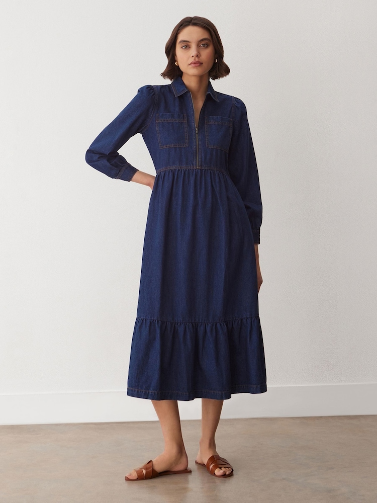 Finery Blue Roxy Mid Wash Denim Midi Dress - Image 1 of 4