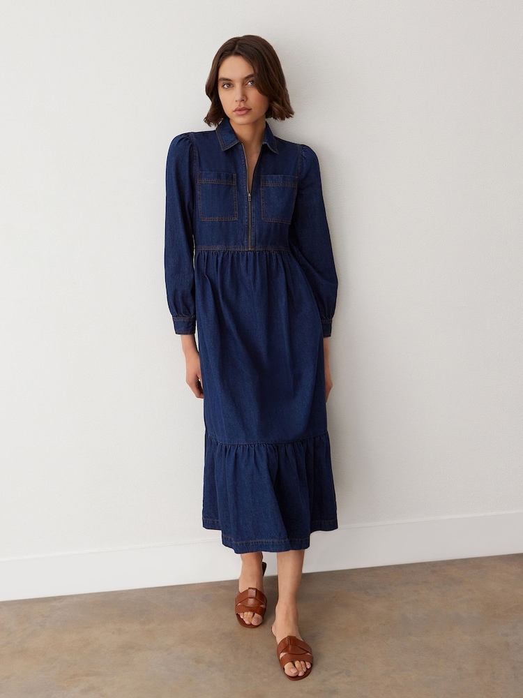 Finery Blue Roxy Mid Wash Denim Midi Dress - Image 2 of 4