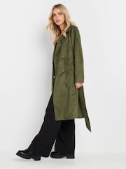PixieGirl Petite Khaki Green Faux Suede Midi Trench Coat - Image 1 of 5
