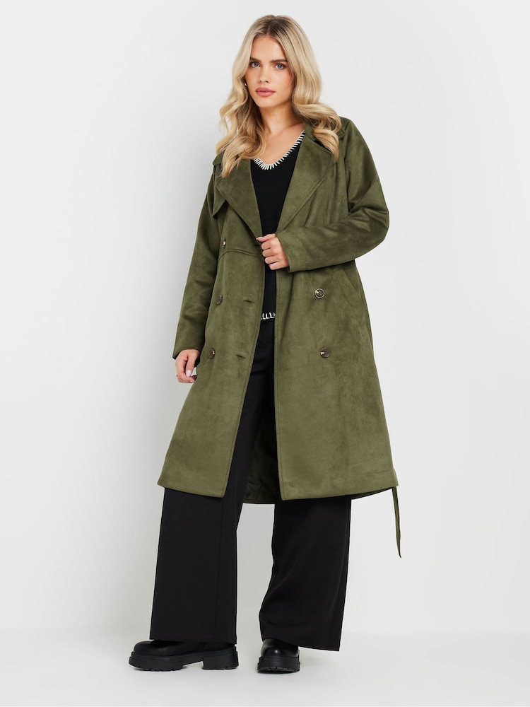 PixieGirl Petite Khaki Green Faux Suede Midi Trench Coat - Image 3 of 5