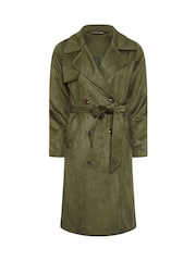 PixieGirl Petite Khaki Green Faux Suede Midi Trench Coat - Image 5 of 5