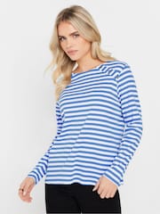 M&Co Blue Petite Stripe Button 100% Cotton Top - Image 1 of 5