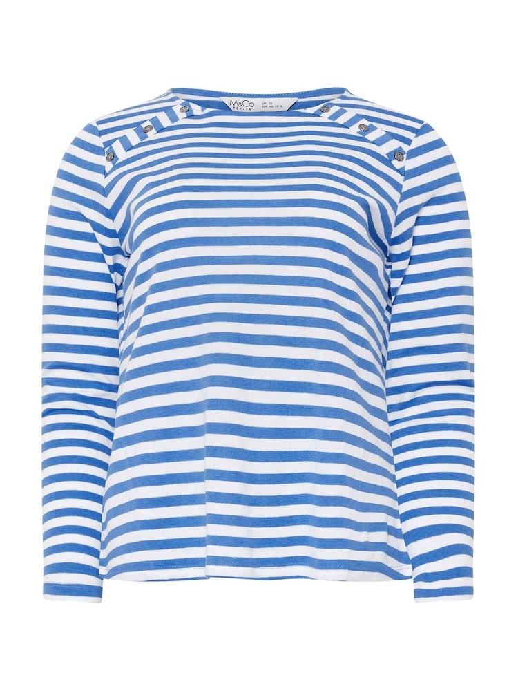 M&Co Blue Petite Stripe Button 100% Cotton Top - Image 5 of 5