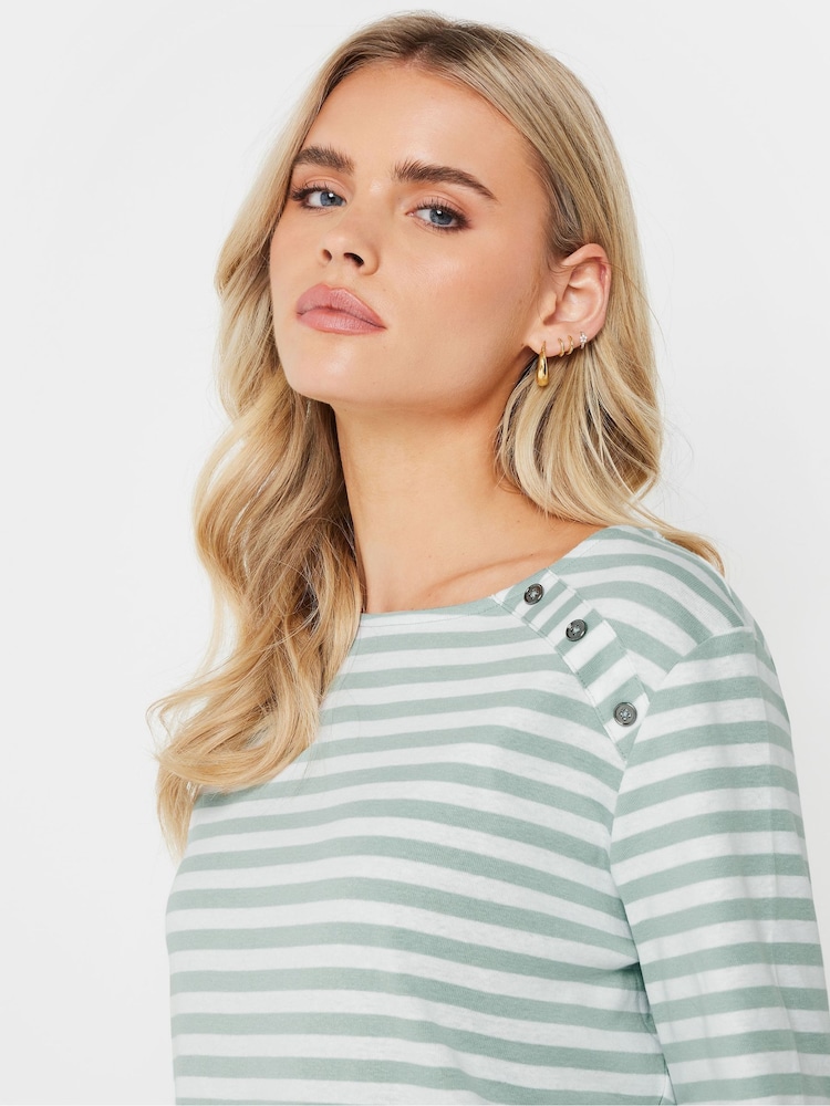 M&Co Green Petite Stripe Button 100% Cotton Top - Image 2 of 5