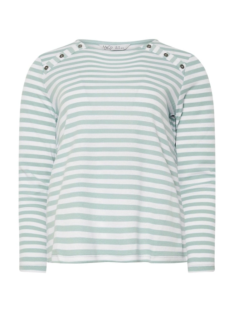 M&Co Green Petite Stripe Button 100% Cotton Top - Image 5 of 5