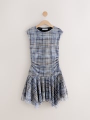 Light Blue Check Mesh Asymetric Short Sleeve Mini Dress - Image 6 of 8