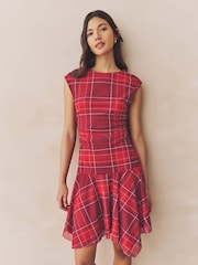 Red Check Mesh Asymetric Short Sleeve Mini Dress - Image 1 of 7
