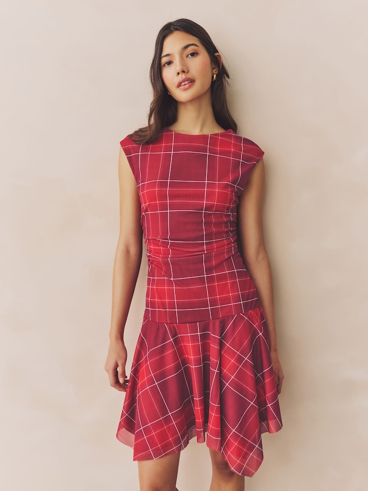 Red Check Mesh Asymetric Short Sleeve Mini Dress - Image 1 of 7