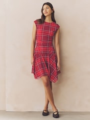 Red Check Mesh Asymetric Short Sleeve Mini Dress - Image 2 of 7