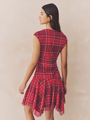 Red Check Mesh Asymetric Short Sleeve Mini Dress - Image 3 of 7