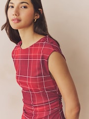 Red Check Mesh Asymetric Short Sleeve Mini Dress - Image 4 of 7