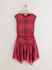 Red Check Mesh Asymetric Short Sleeve Mini Dress - Image 5 of 7