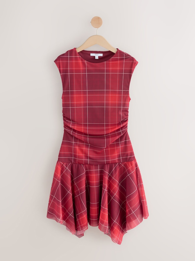 Red Check Mesh Asymetric Short Sleeve Mini Dress - Image 5 of 7