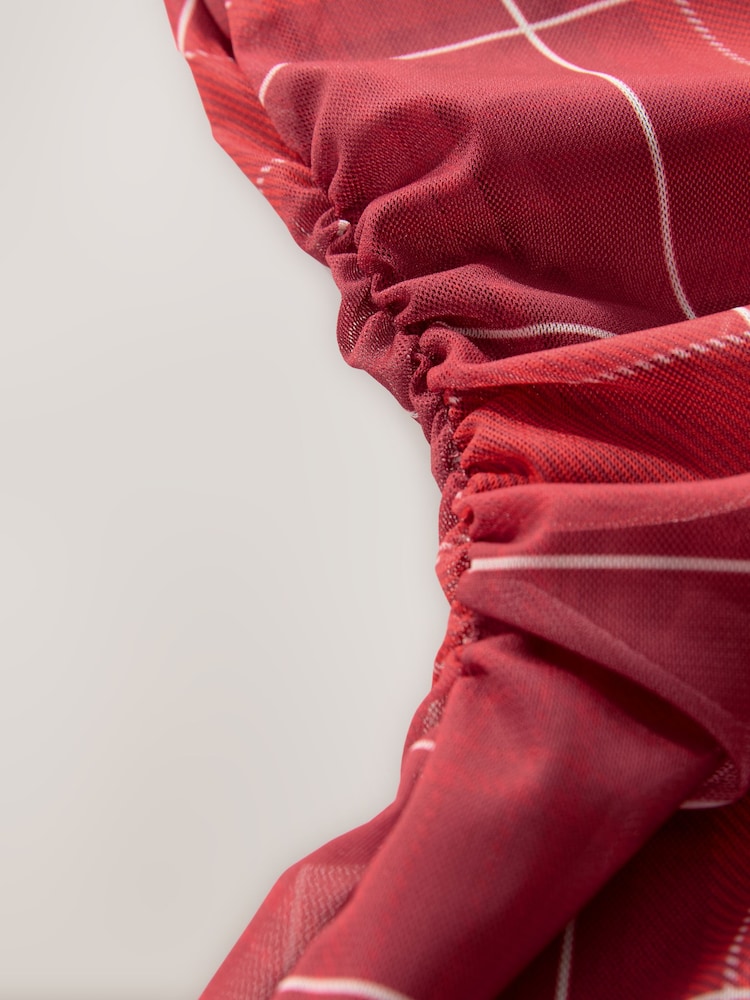 Red Check Mesh Asymetric Short Sleeve Mini Dress - Image 7 of 7