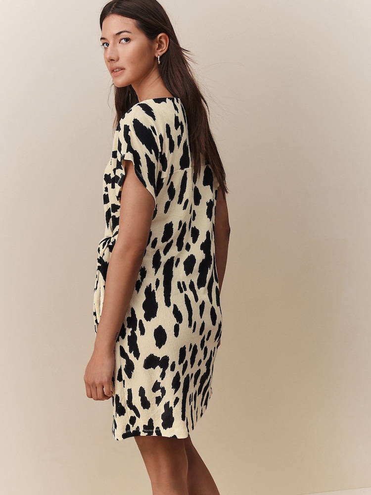 Black/White Cow Print Textured Drape Tie Front Mini Dress - Image 3 of 7