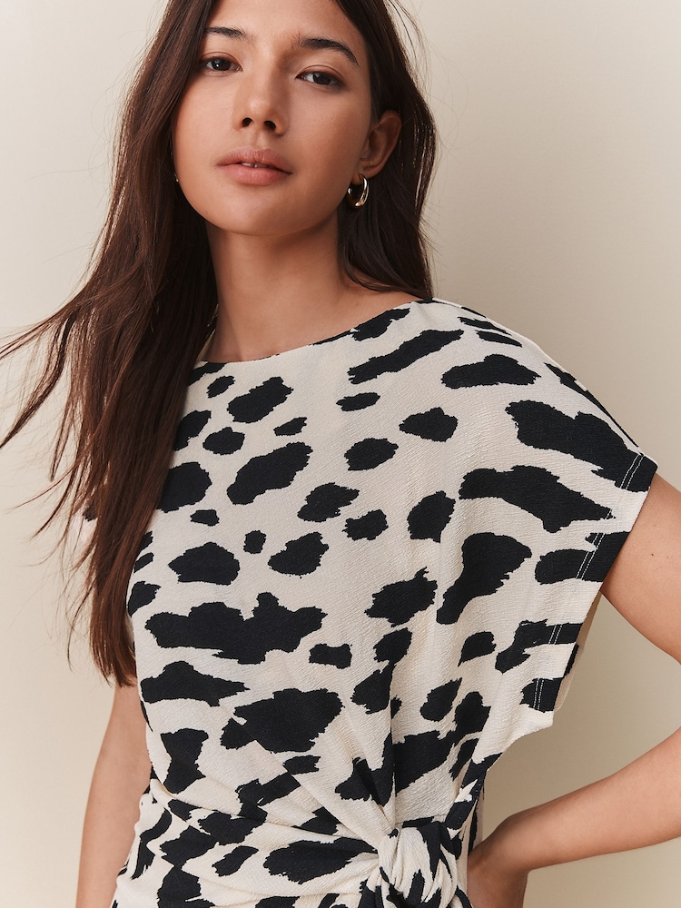 Black/White Cow Print - Textured Drape Tie Front Mini Dress - Imagem 4 de 4