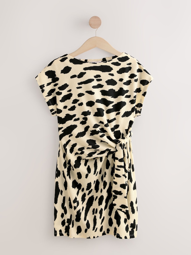 Black/White Cow Print Textured Drape Tie Front Mini Dress - Image 5 of 7