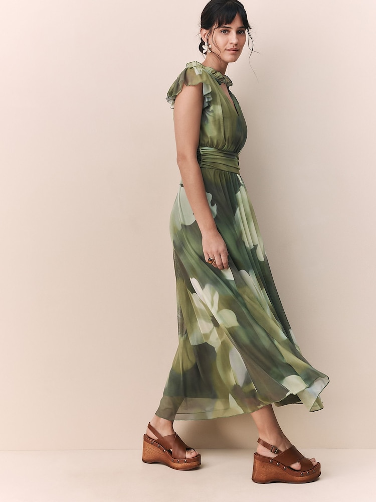 Grün mit floralem Print - Plissiertes Midikleid aus Netzstoff mit V-Ausschnitt und Print für besondere Anlässe - Bild 1 von 7 Grün mit floralem Print - Plissiertes Midikleid aus Netzstoff mit V-Ausschnitt und Print für besondere Anlässe - Bild 1 von 7