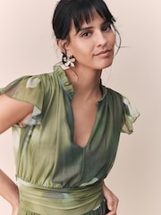 Green Floral Pleated Mesh Print V-Neck Occasion Midi Dress - Image 4 of 7
