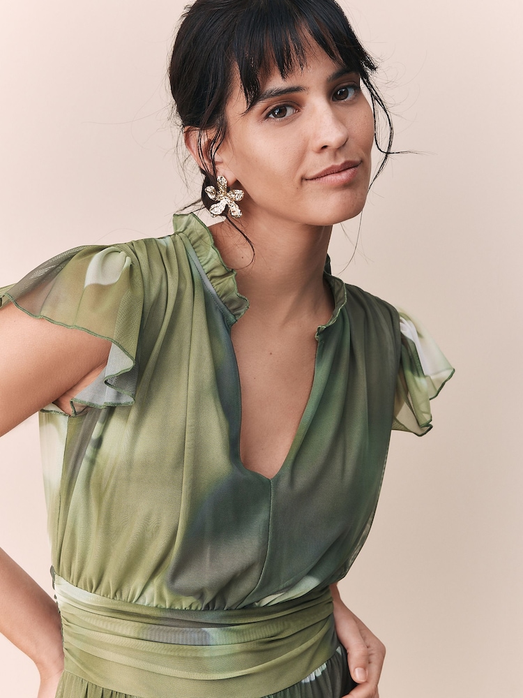 Green Floral Pleated Mesh Print V-Neck Occasion Midi Dress - Image 4 of 7