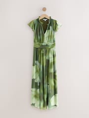 Green Floral Pleated Mesh Print V-Neck Occasion Midi Dress - Image 5 of 7