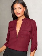 Lipsy Burgundy Red Zip Front Utility Pocket Blouse - Image 1 of 4