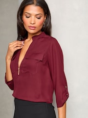 Lipsy Burgundy Red Zip Front Utility Pocket Blouse - Image 3 of 4