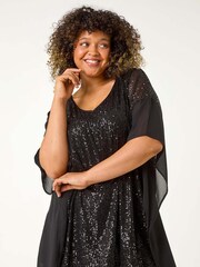 Roman Black Curve Full Sequin Chiffon Overlay Top - Image 1 of 5