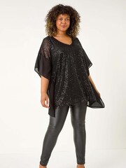 Roman Black Curve Full Sequin Chiffon Overlay Top - Image 2 of 5