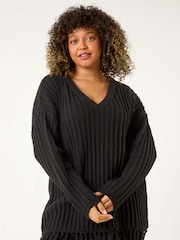 Roman Black Curve V-Neck Tassel Hem Knit Jumper - Image 1 of 5