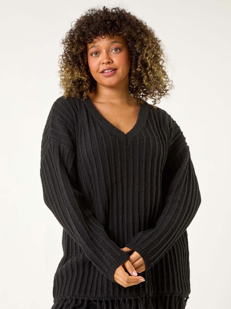 Roman Black Curve V-Neck Tassel Hem Knit Jumper - Image 1 of 5 Roman Black Curve V-Neck Tassel Hem Knit Jumper - Image 1 of 5